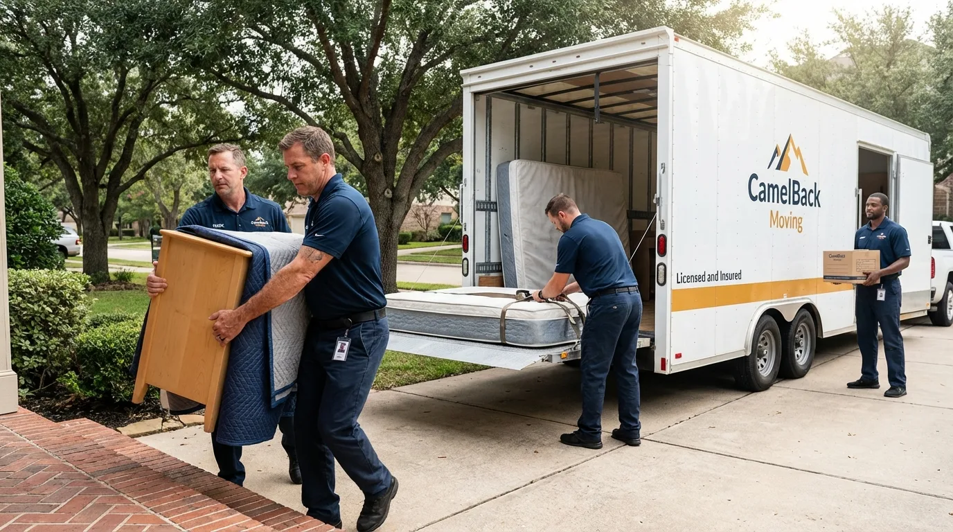Crew loading residential truck for cross-state move from Los Alamitos, CA