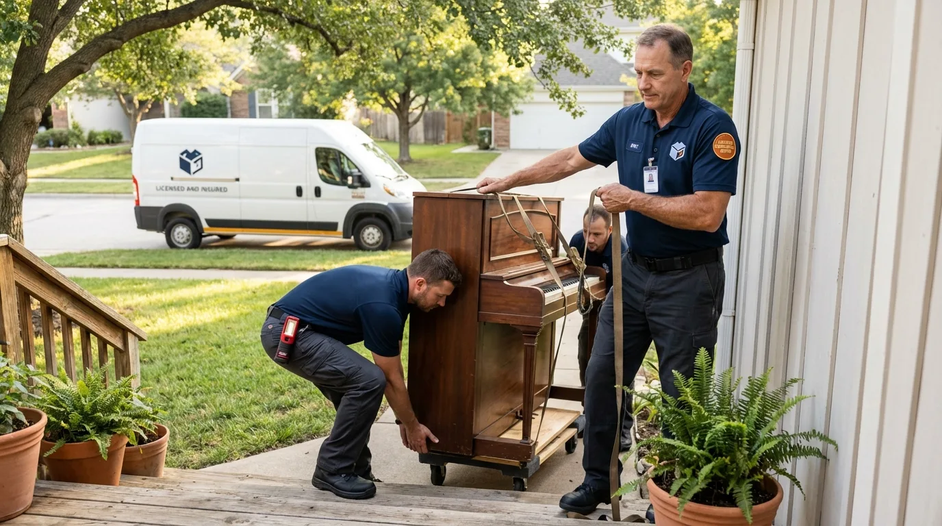 Licensed piano movers securing grand piano in Los Alamitos, CA