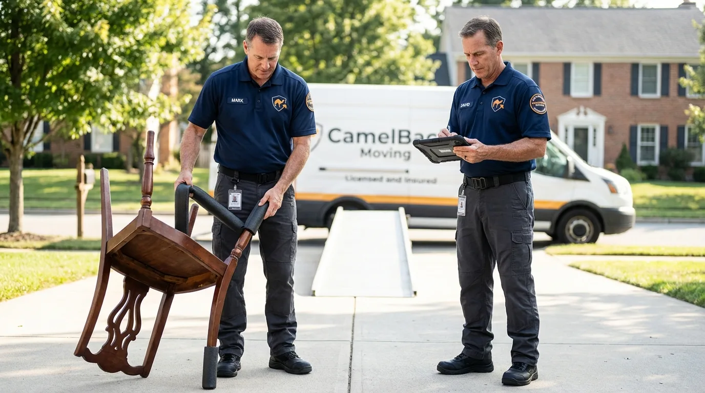 Movers inspecting furniture for damage prevention before loading in Los Alamitos, CA