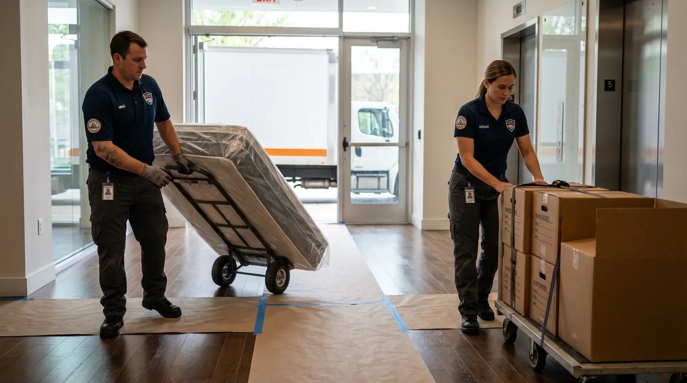 Professional apartment movers loading elevator in Los Alamitos, CA